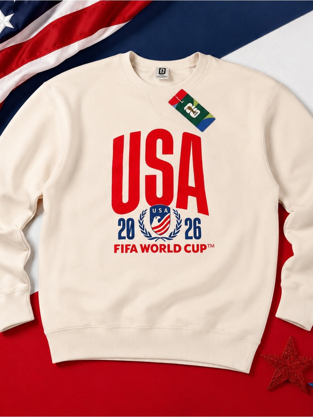 🇺🇸⚽️ Cream USA FIFA World Cup 2026 Crewneck Sweatshirt - Red & Blue Graphic
